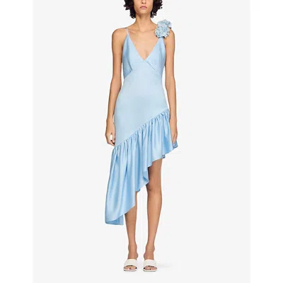 Sandro Paris Lyocell-linen Asymmetric Ruffle Midi Dress In Blue