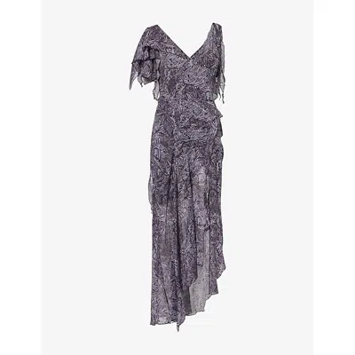 Isabel Marant Womens Faded Night Tylena Printed Ruffle-trim Silk Midi Dress