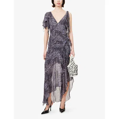 Isabel Marant Womens Faded Night Tylena Printed Ruffle-trim Silk Midi Dress