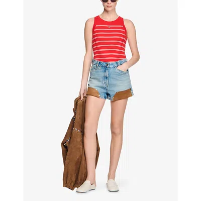 Sandro Striped-pattern Logo-plaque Tank Top In Red