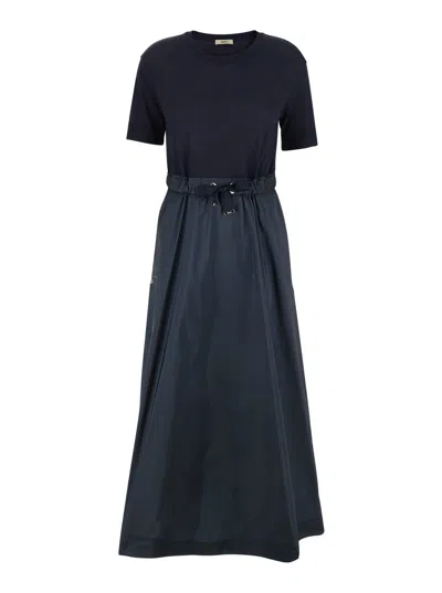 Herno Blue Crewneck Midi Dress With Elastic Drawstring Waist And Panelled Design In Tech Fabric Woman In Black