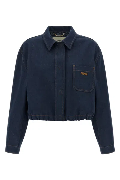 Fendi Denim Jacket With Front Embroidered Logo In Blue