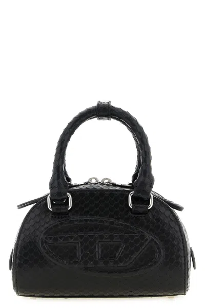Diesel 1dr Dome-mini Bowling Bag In Snake-effect Leather In Black