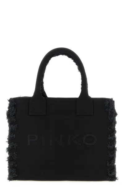 Pinko Frayed Lettering Medium Tote Bag In Black