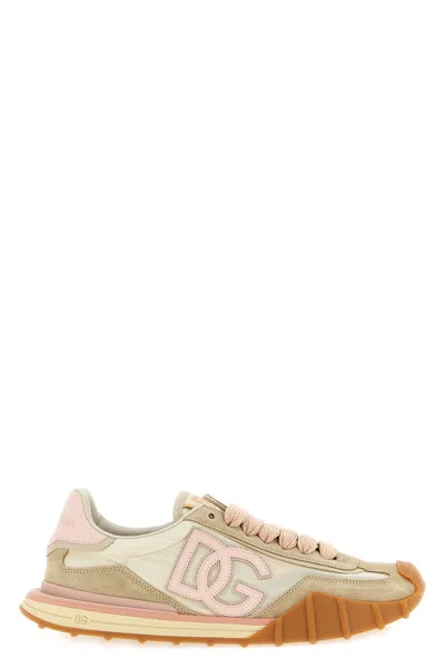 Dolce & Gabbana Dg Athletic Sneakers In Ivory And Pink Fabric And Leather In Multi