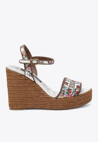 Dolce & Gabbana Leather-trimmed Embroidered Canvas Platform Wedge Sandals In Brown
