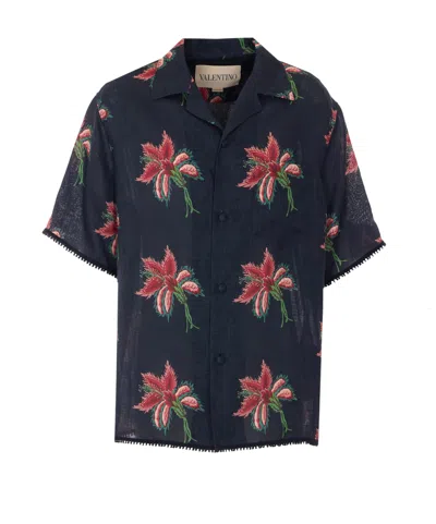 Valentino Camp Collar Shirt Floral Pattern Short Sleeves In Blue