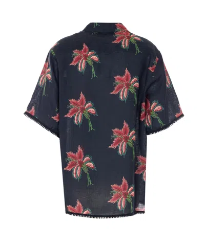 Valentino Camp Collar Shirt Floral Pattern Short Sleeves In Blue