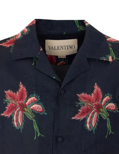Valentino Camp Collar Shirt Floral Pattern Short Sleeves In Blue