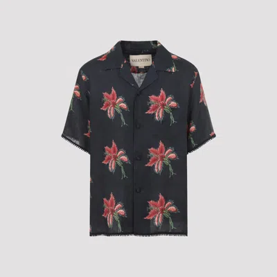 Valentino Camp Collar Shirt Floral Pattern Short Sleeves In Blue