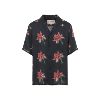 Valentino Camp Collar Shirt Floral Pattern Short Sleeves In Blue