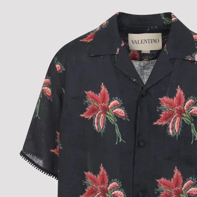 Valentino Camp Collar Shirt Floral Pattern Short Sleeves In Blue