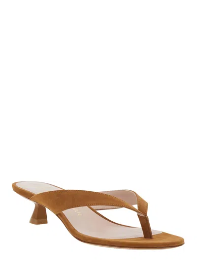 Stuart Weitzman Rio Leather Kitten-heel Thong Sandals In Brown