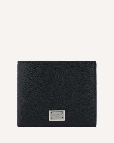 Dolce & Gabbana Black Dauphine Leather Wallet With Logo Plaque In Black