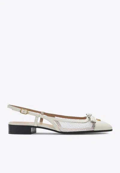 Valentino Garavani Valet Du Roi Tasseled Leather And Mesh Slingback Ballet Flats In White