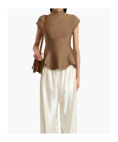 Khaite Andra Stretch-knit Turtleneck Peplum Top In Brown