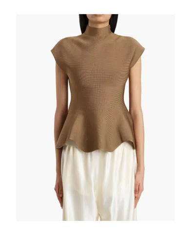 Khaite Andra Stretch-knit Turtleneck Peplum Top In Brown