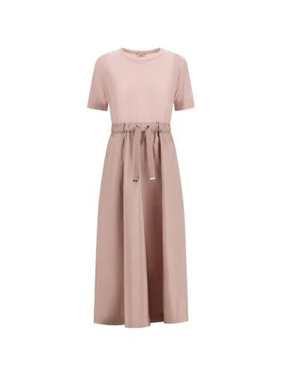 Herno Midi Dress Short Sleeves Round Neckline Drawstring In Pink
