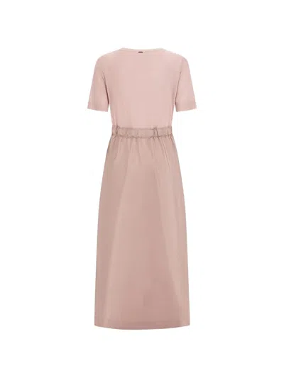 Herno Midi Dress Short Sleeves Round Neckline Drawstring In Pink