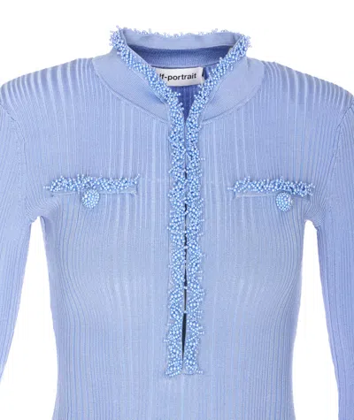 Self-portrait Self Portrait Mini Ribbed Knit Short Dress With Pearl Embellishments In Blue