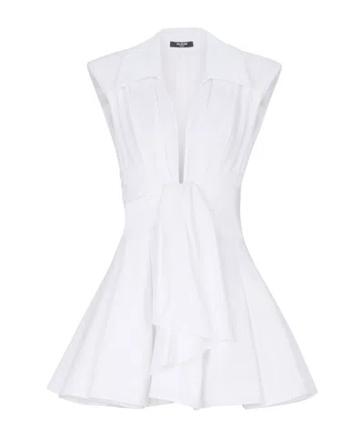 Balmain Belted Pleated Cotton-poplin Mini Dress In White