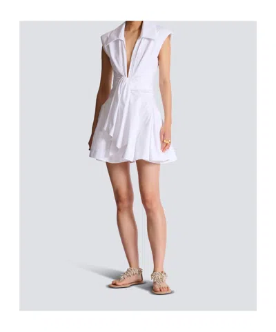 Balmain Belted Pleated Cotton-poplin Mini Dress In White