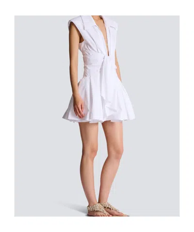 Balmain Belted Pleated Cotton-poplin Mini Dress In White