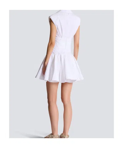 Balmain Belted Pleated Cotton-poplin Mini Dress In White
