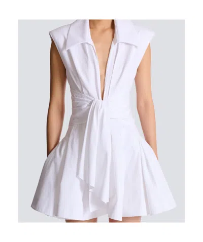 Balmain Belted Pleated Cotton-poplin Mini Dress In White