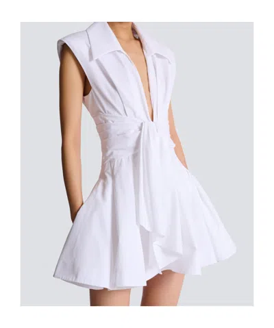 Balmain Belted Pleated Cotton-poplin Mini Dress In White