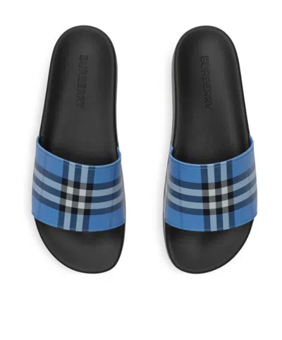 Burberry Check Pattern Flat Sole Slide Sandals In Blue