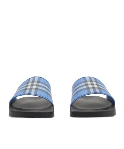 Burberry Check Pattern Flat Sole Slide Sandals In Blue