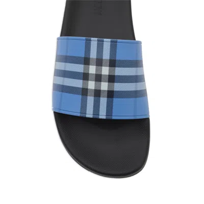 Burberry Check Pattern Flat Sole Slide Sandals In Blue