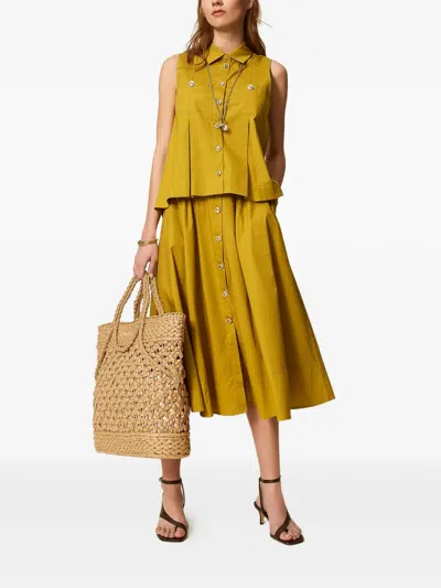 Twinset Midi Flared Button Down Front Skirt In Yellow