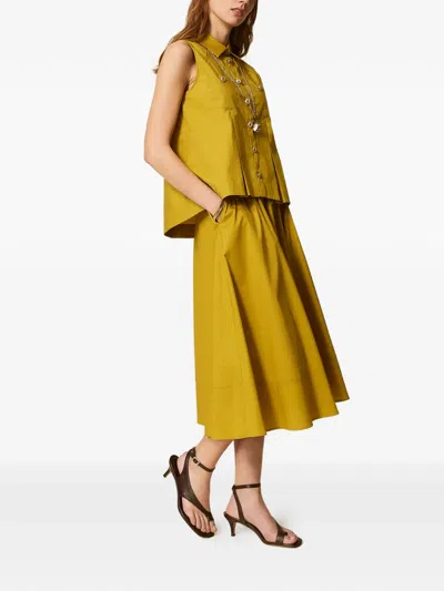 Twinset Midi Flared Button Down Front Skirt In Yellow