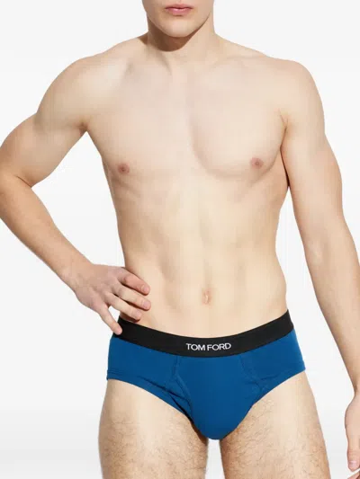 Tom Ford Logo-waistband Briefs In Blue