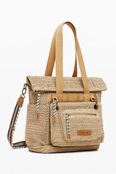 Desigual Large Modular Raffia Backpack In Brown
