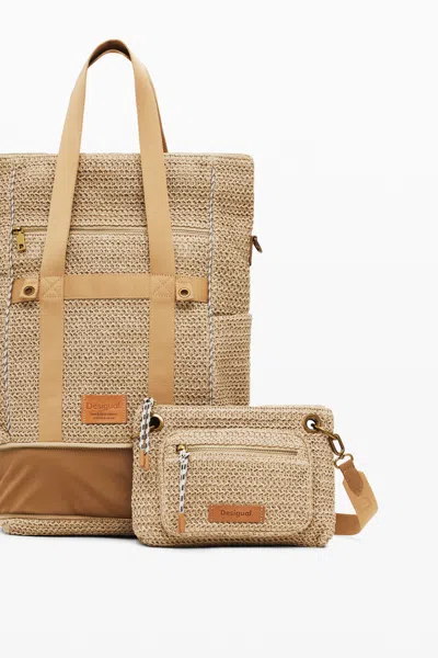 Desigual Large Modular Raffia Backpack In Brown