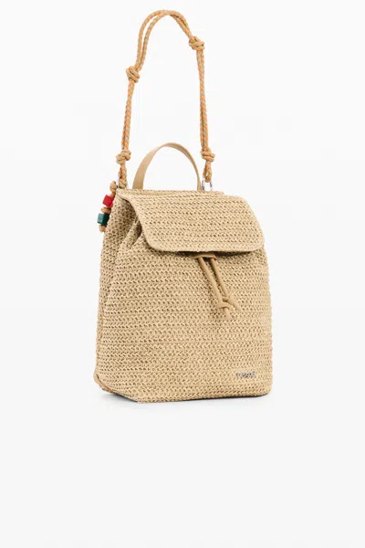 Desigual Small Raffia Backpack Charms In Neutral