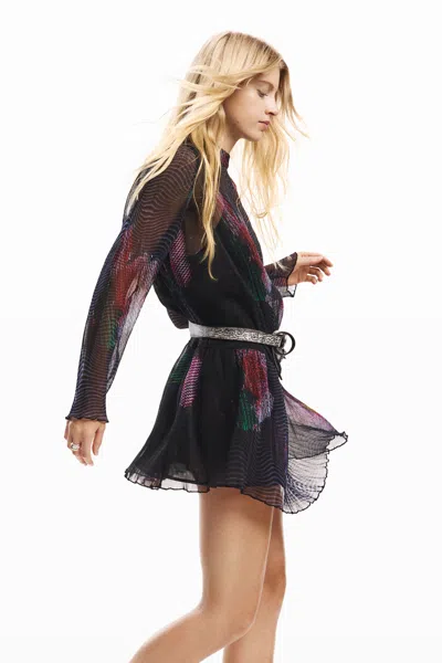Desigual Print Ruffle Hem Long Sleeve Dress In Multi