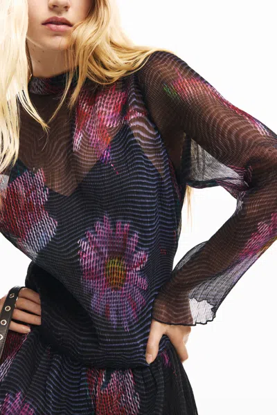 Desigual Print Ruffle Hem Long Sleeve Dress In Multi