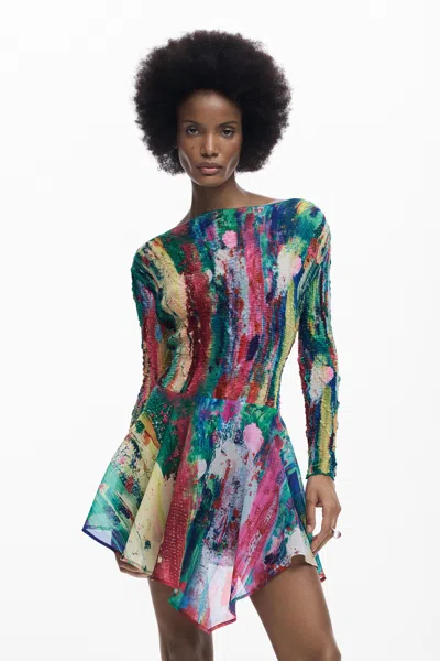 Desigual Smocked Long Sleeve Handkerchief Hem Dress In Multi
