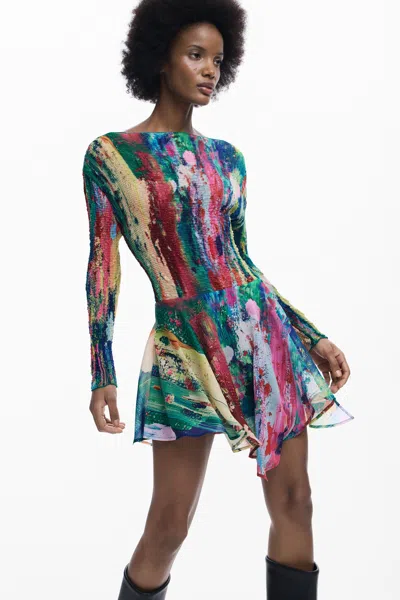 Desigual Smocked Long Sleeve Handkerchief Hem Dress In Multi