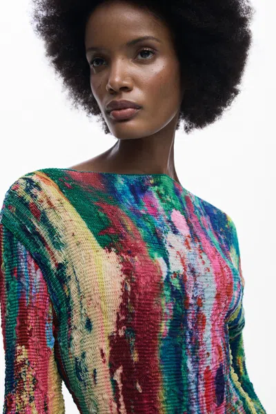 Desigual Smocked Long Sleeve Handkerchief Hem Dress In Multi