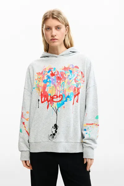 Desigual Mickey Mouse Paint Splattered Fleece Graphic Hoodie In Gray