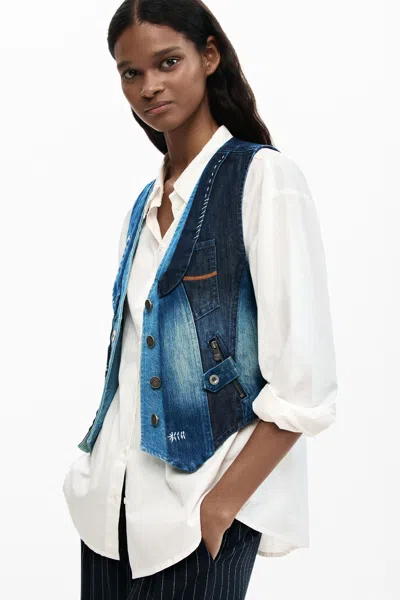 Desigual Patchwork Denim Vest In Blue