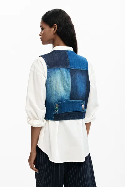 Desigual Patchwork Denim Vest In Blue
