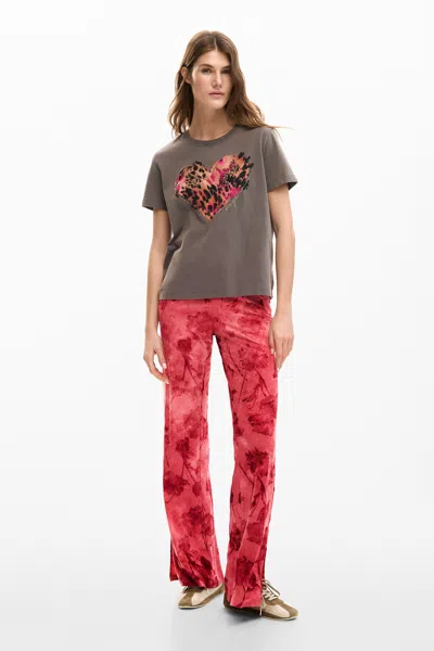 Desigual Heart Cotton Graphic T-shirt In Gray