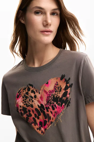Desigual Heart Cotton Graphic T-shirt In Gray