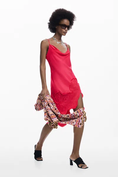 Desigual Lace Trim Asymmetric Slipdress In Red